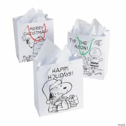 Outlet 😍 7 1/2" x 3 1/2" x 9" Medium Color Your Own Peanuts® Paper 🎄 Christmas Gift Bags - 12 Pc. 💯
