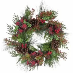 Promo ✨ Kurt Adler Artificial Berries and Pinecones Ribbon Rattan Wreath 🎅 Christmas Decoration, BrownGreen, 24 Inches 🤩