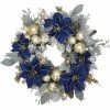 Hot Sale 👏 Kurt Adler Artificial Blue, Silver, and Gold Poinsettia Flocked Wreath 🎄 Christmas Decoration, 24 Inches ❤️