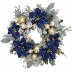 Hot Sale 👏 Kurt Adler Artificial Blue, Silver, and Gold Poinsettia Flocked Wreath 🎄 Christmas Decoration, 24 Inches ❤️
