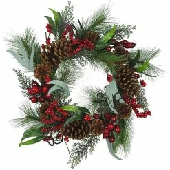 Wholesale 👍 Kurt Adler Artificial Wreath with Red Berries, Leaves and Pinecones 🔔 Christmas Decoration, Green, 20 Inches 🥰