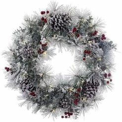 Best Pirce 🔥 Kurt Adler Battery-Operated Artificial Pre-Lit LED Flocked Red Berries and Pinecones Wreath 🎅 Christmas Decoration, White, 24 Inches 🎁